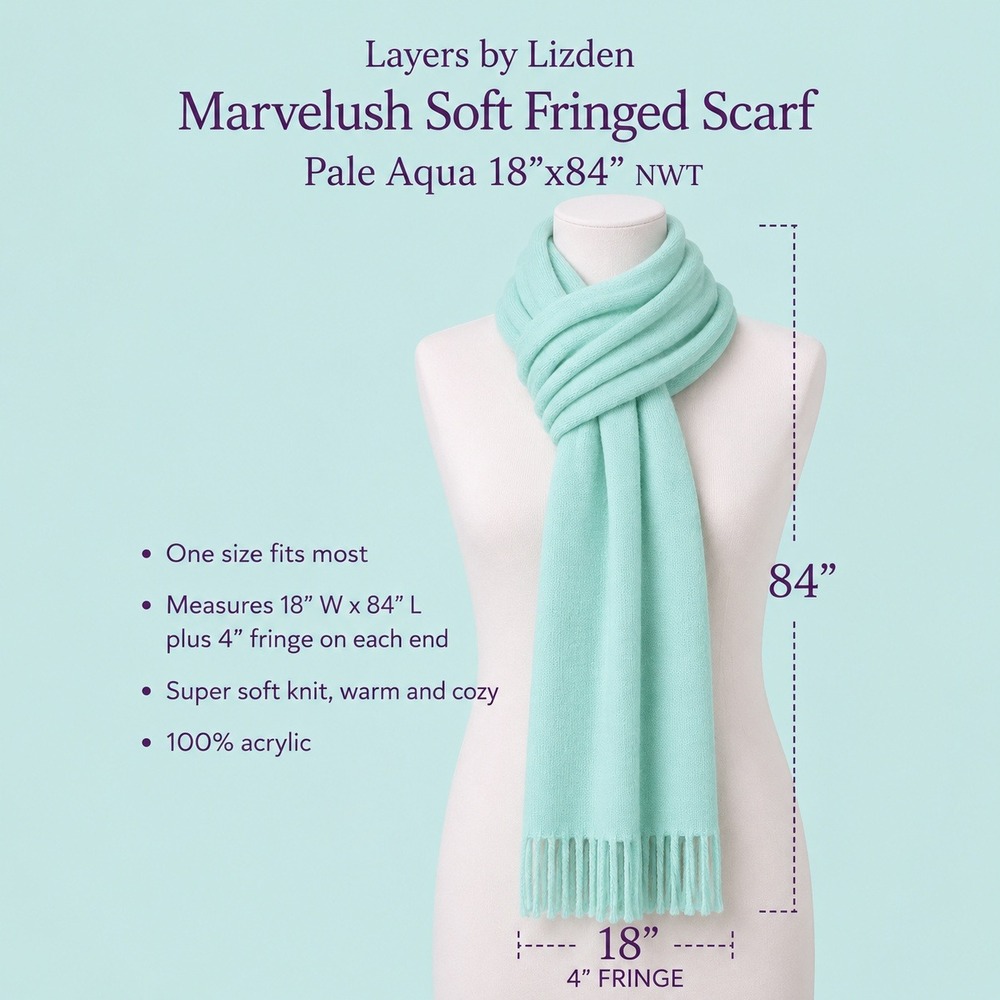 Layers by Lizden Marvelush Soft Fringed‎ Scarf Aqua Blue 18x84 NWT